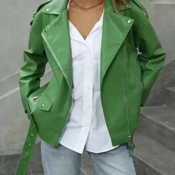 Green Casual Women's Stylish Woven Fabric Biker Jacket - Picture 7 of 7